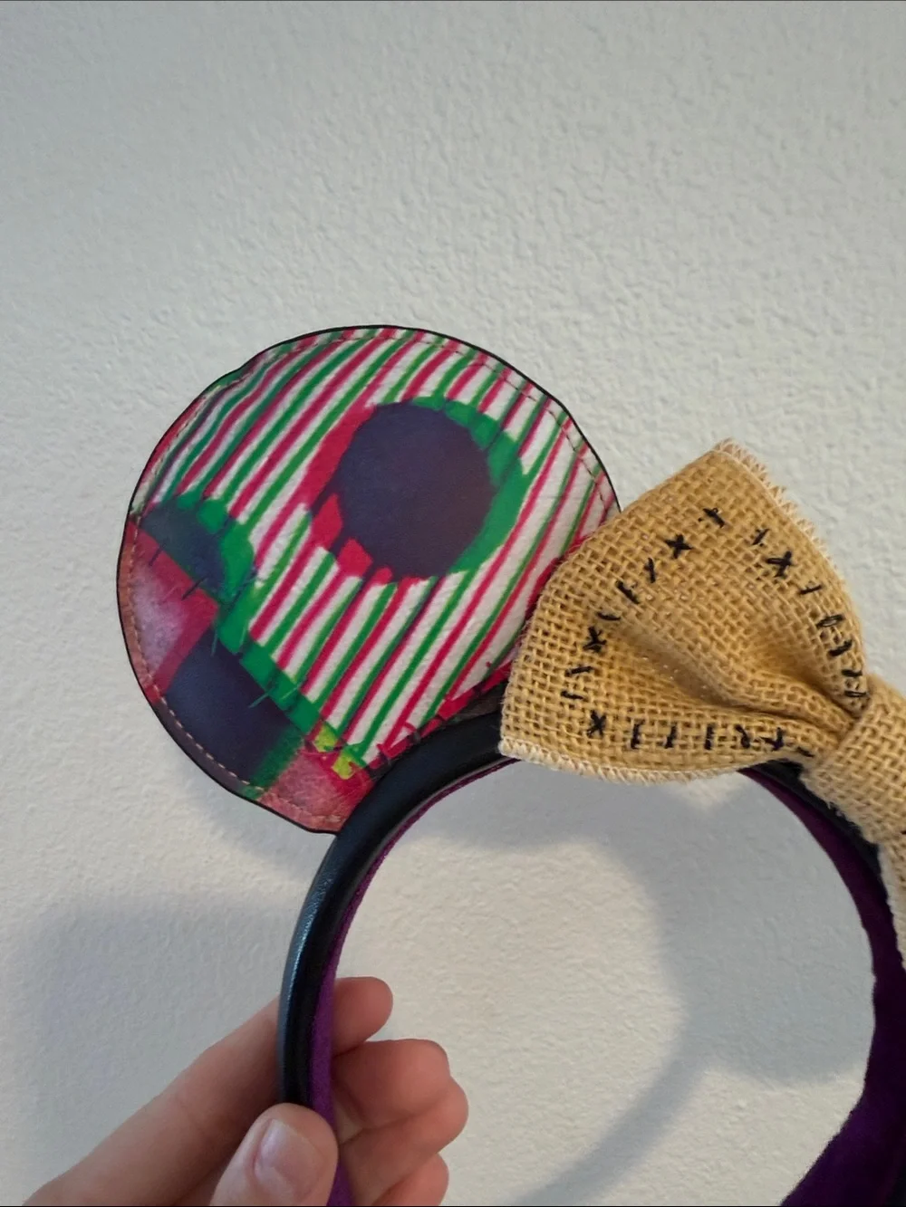 Sally Patchwork Printed Mouse Ear Headband with Burlap Bow